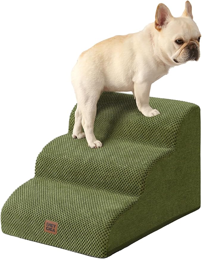 EHEYCIGA Curved Dog Stairs Ramp for Small Dogs 15.7" H, 3-Step Dog Steps for Couch Sofa and Chair, Pet Stairs for Cats, Non-Slip Balanced Pet Steps Indoor, Olive Green