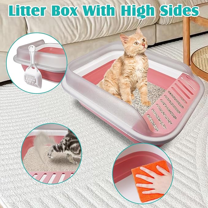 VCEPJH Collapsible Litterbox with High Sides Small Cats Litter Pan with Scoop Open Cat Litter Box Portable Travel Kittens Toilet Kitten Starter Kit for Kittens Adult Cat Elderly Cats (Pink)