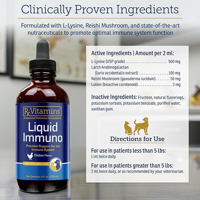 Rx Vitamins Liquid Immuno - with L-Lysine for Cats and Dog Health - Reishi Mushroom Supplement for Dogs & Cat Immune Support - Vitamins for Dogs and Dog Eye Supplements with Lutein - Chicken (4oz)
