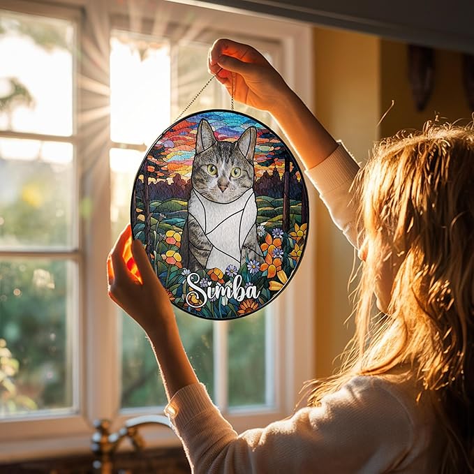 Custom Cat Portrait Art Suncatcher Stained Glass Remembrance Gift Dog Indoor Decor Window Hanging Dog Cat Bereavement Keepsake Loss of Pet Sympathy with Name Date Portrait Gifts