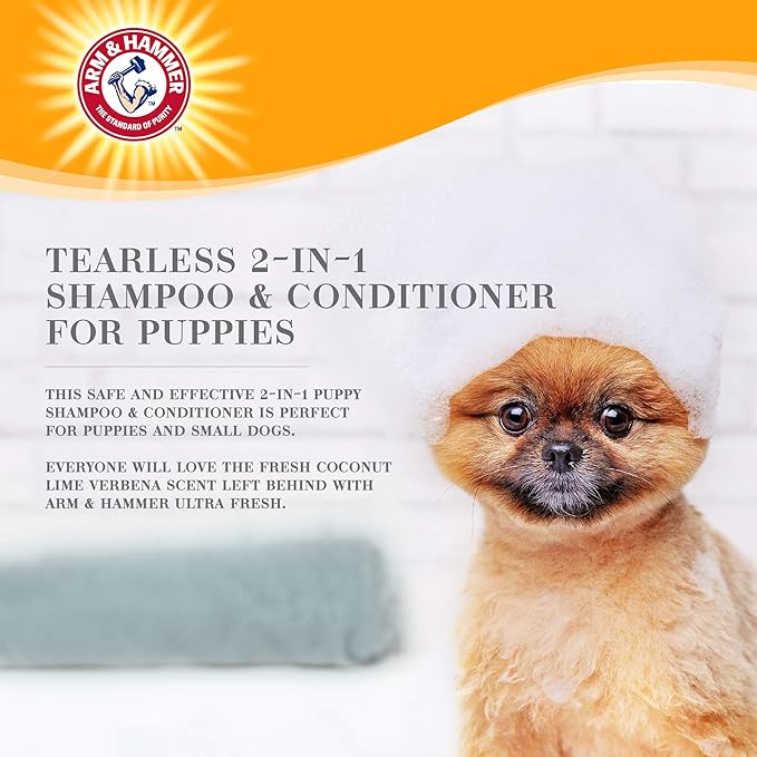 Arm & Hammer Ultra Fresh Tearless Puppy Shampoo and Conditioner 2 in 1 with Baking Soda Deodorizer, Gentle Pet Wash for Odor Control, Puppy Bath, Coconut & Lime Verbena Scent, 16 Fl Oz