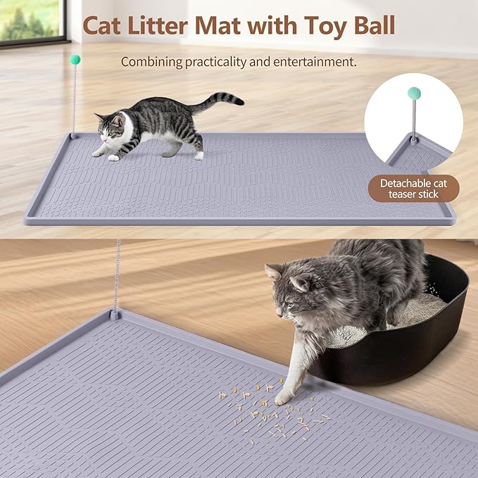 Large Cat Litter Mat with Toy Ball, 38'' x 25'' Silicone Cat Litter Trapping Mat for Scatter Control, Soft on Kitty Paws, Easy to Clean (Light Grey)