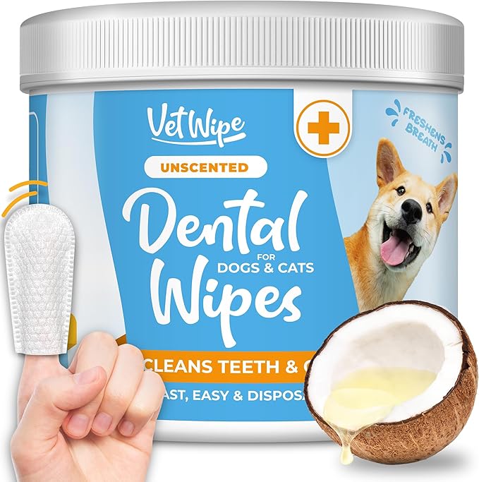 Dog Teeth Cleaning Finger Wipes - Easy Cats & Dogs Dental Care Toothbrush and Tooth Brushing Kit, Freshen Bad Breath, Reduces Plaque - 50 Count