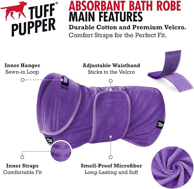 Tuff Pupper Fast Drying Dog Bath Robe | 800 GSM Plush Dog Towel Bathrobe/Dressing Gown | Super Absorbent Pet/Puppy Bathrobe | Adjustable Hood & Belly Strap | Super Soft | Fast Drying (M, Purple)