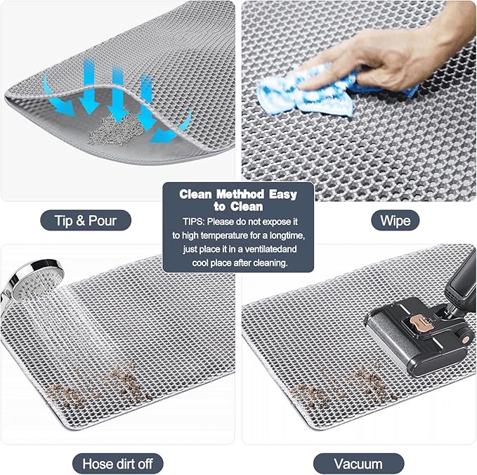 Cat Litter Mat 30"x24" Double Layer Waterproof & Non-Slip - Honeycomb Washable EVA Large Litter Mat for Scatter Control, Urine Proof Litter Trapping Mat for Litter Box(Light Grey)