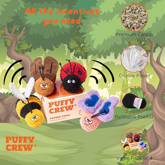 Interactive Catnip Cat Plush Toy, Insect Theme, 5'', for All Breed Size Cats (4 in 1)