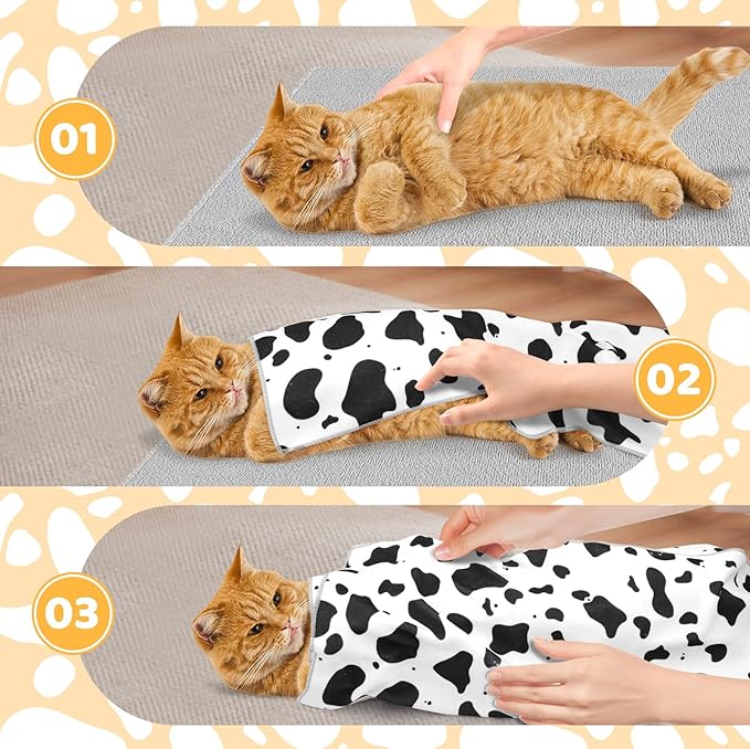 21.7" Cat Grooming Wrap for Cutting Nails, Cow Pattern Self-Adherent Fabric Wrap for Cats, Anti-Scratch Anti-Escape Multifunctional Cat Swaddle Tool for Teeth Brushing, Ear Cleaning