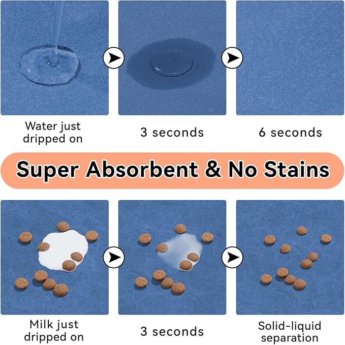 Dog Cat Feeding Mat-Absorbent Pet Bowl Mat for Food and Water, Quick Dry Water Dispenser Mat for Floors with Waterproof Rubber Backing, Large Dogs Placemat Mats for Messy Drinkers,17"x27",Blue