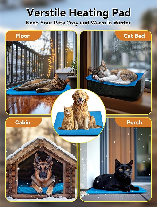 Outdoor Pet Heating Pad for Dog & Cat, Multi-Size Waterproof Heated Cat Dog Bed for Outside, Pet Heater Warmer Mat Blanket with Chew Resistant Cord for Senior Dog Cat House Whelping Box,Blue,16" x 20"