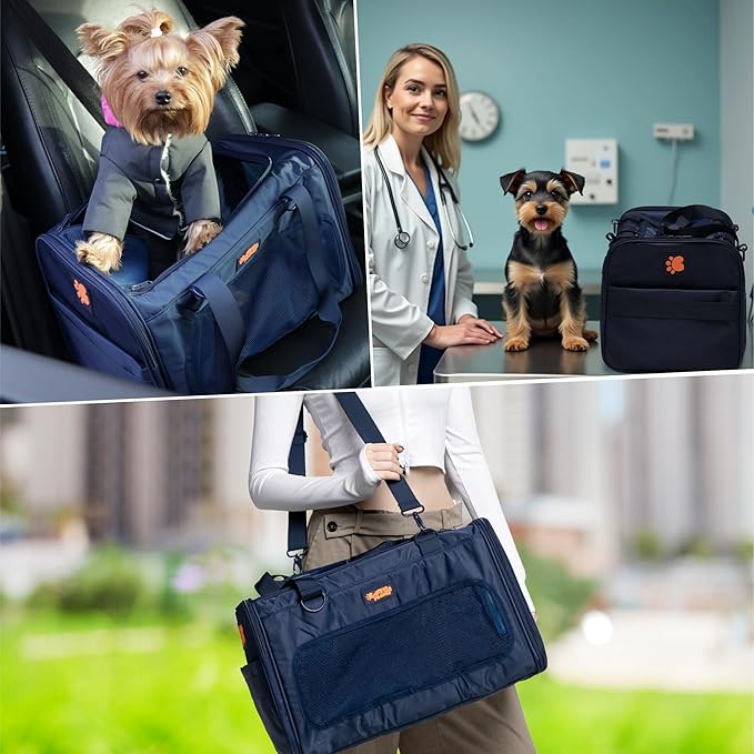 Deluxe Soft Cat Carrier (Navy Blue) & Dog Travel – Foldable, Spacious Pet Bag for Travel & Car Trips – TSA Approved, Locking Zippers, Great for Kittens, Small Dogs & Cats