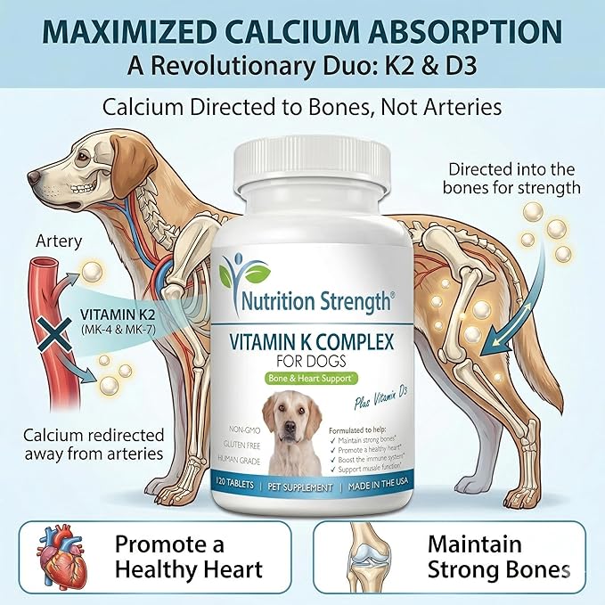Vitamin K for Dogs - K1 & K2 (MK4 + MK7) + Vitamin D3 for Bone Health, Heart Support & Calcium Absorption - Advanced Formula for Strong Joints, Muscle & Immune Support - 120 Tablets