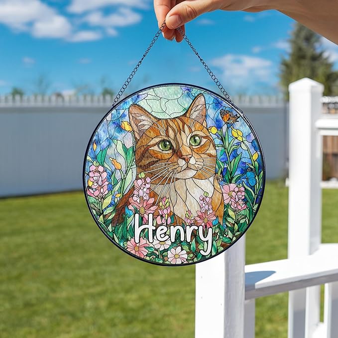 Custom Cat Portrait Art Suncatcher Stained Glass Remembrance Gift Dog Indoor Decor Window Hanging Dog Cat Bereavement Keepsake Loss of Pet Sympathy with Name Date Portrait Gifts