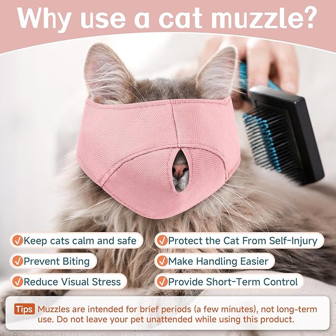 BARKLESS Cat Calming Muzzle for Grooming & Nail Trimming, Oxford Muzzle with Shading Design to Help Calm The Cat Down, Soft Head Cover to Prevent Biting & Scratching (Pink, S)