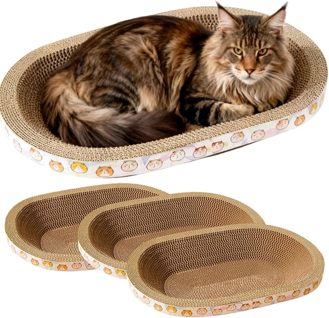 3 Pack Large Cat Scratcher Cardboard, Oval Cat Scratcher Bed Cat Scratch Pad Board Lounge Couch for Indoor Cats Bowl Shaped Cat Scratching Post Nest for Cats Grinding Claw Furniture Protector
