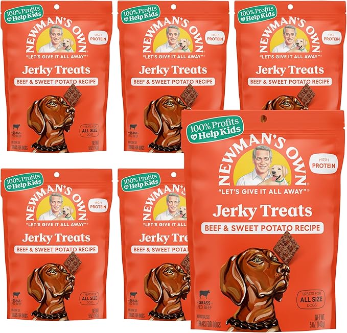 Newman's Own Beef & Sweet Potato Jerky Dog Treats, 5 oz Bag (Pack of 6) — High Protein, Grain Free, Grass-Fed as Beef First Ingredient, Chewy Wholesome Training Rewards