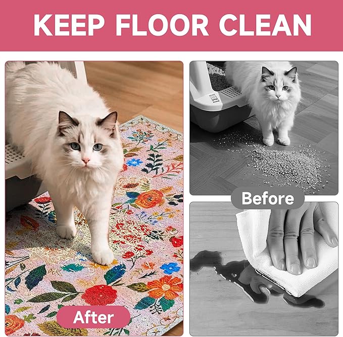 Cat Litter Mat, 35" x 23" Litter Box mat, Upgrade Non-Slip Kitty Litter mat, Traps 100% Litter, Soft on Kitty Paws, Easy Clean for Scatter Control, Bohe cat Food mat, Urine Waterproof
