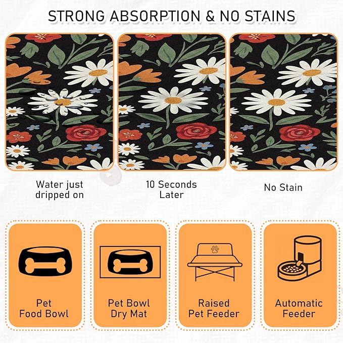 Dog Cat Food Mat - Absorbent Quick Dry Dog Bowl Mats for Food and Water, Anti Slip Cat Feeding Placemat for Floors, Diatomite Pet Dish Matts Accessories Supplies, Floral Style, 16 * 24n