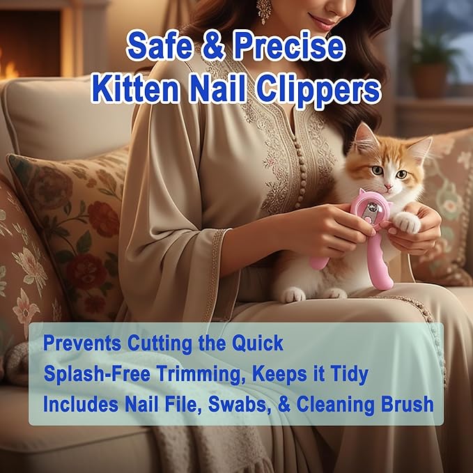 Kitten Nail Clippers Set, Anti-Splatter Nail Clipper with Nail Collector, Safety Nail Trimmer for Kittens, Includes Nail File, Cleaning Brush, Cotton Swabs and Zipper Bag