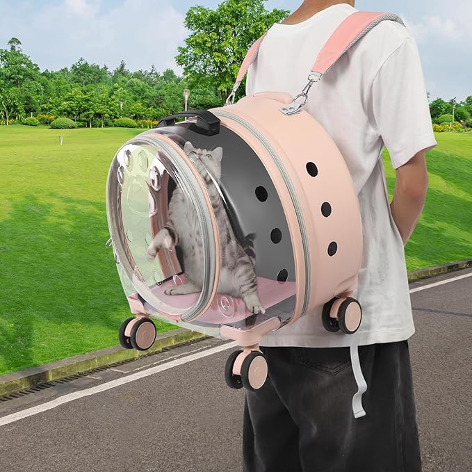 Cat Carrier with Rolling Wheels, Breathable Pet Carrier with Adjustable Handle and Shoulder Strap, Portable Traveling Clear Carriers for Cats, Dogs, Or Bunnies up to 19.84lbs (Light Pink)