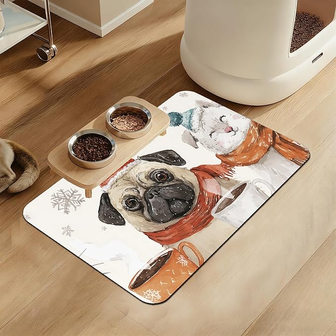 Chirstmas Dog Coffee Dog Cat Food Mat–Absorbent Waterproof Placemat for Food and Water Bowls, Non Slip Rubber Backing, Feeding Mat for Clean Floors 12"x20"