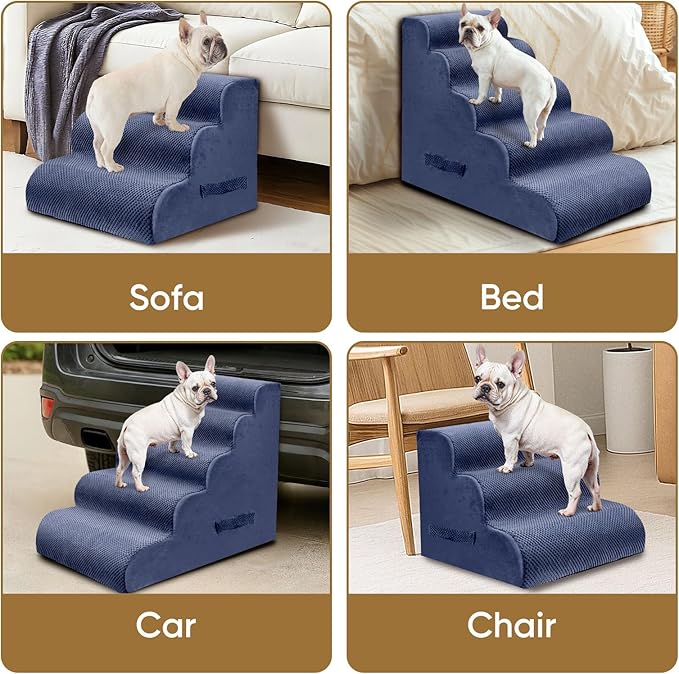 PAWSCART Dog Stairs for Small Dogs and Cats, 4-Step Dog Steps for Bed, 19.6" H Pet Stairs for High Bed, Pet Ramp for Couch, Sofa, Non-Slip Surface Removable Washable Cover, Blue