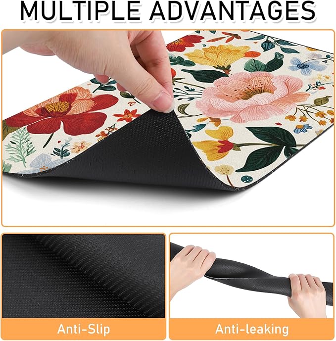 Pet Dog Cat Food Mat - Hamdwerk Absorbent Dog Bowl Mats for Food and Water, Anti Slip Cat Bowl Feeding Placemat for Floors, Quick Dry Diatomite Pet Dish Matts Supplies, Floral Style, 16 * 24in