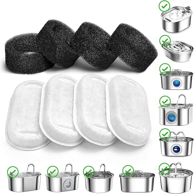 SOOFPET Stainless Steel Cat Water Fountain Filters: 8 Pack Filters (Carbon Filters + Sponge Filters) - Replacement Filters for 108oz cat Fountain