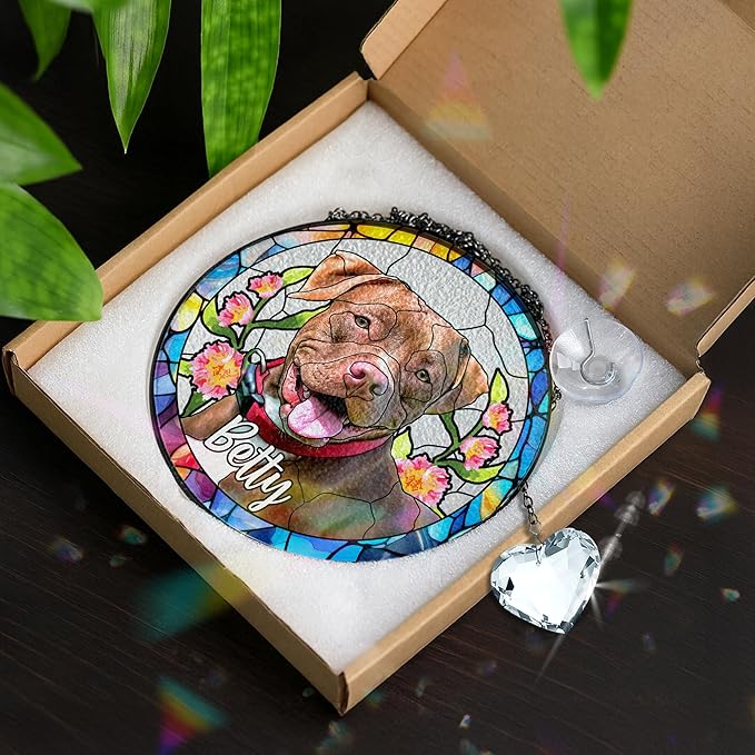 Personalized Pet Stained Glass Window Hanging, Dog Memorial Suncatcher Picture, Sympathy Gift for Loss of Pet, Cat Bereavement Keepsake Potrait Photo, Remembrance Gift for Dog Lovers