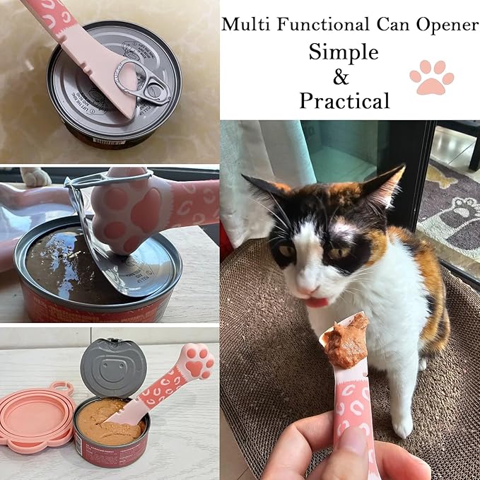 SJANE 4 Pcs Cat Food Can Spoon & Can Covers | Cute Paw Silicone Pet Food Opener Spatula & Lids | Stainless Steel Wet Food Spoon for Cats and Dogs(Pink)
