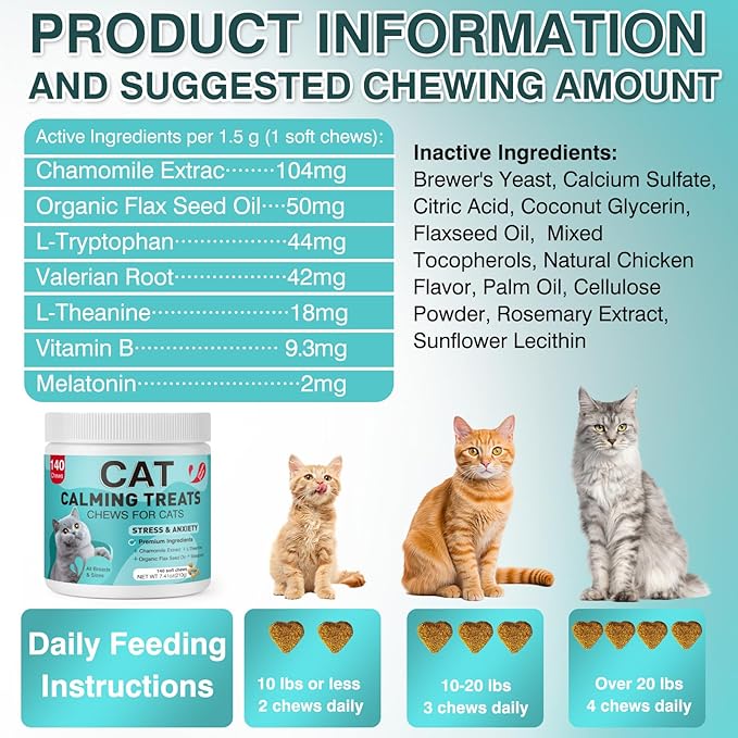 Cat Calming Treats, 140 Soft Chews to Relieve Anxiety, Stress & Prevent Bites, Perfect for Travel & Veterinary Visits, Soothing Calming Care for Indoor Cats Chicken Flavor 7.41 OZ
