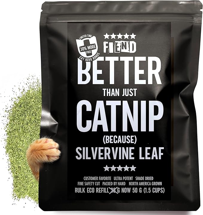 Fiend Catnip + Silvervine for Cats & Kittens Bulk Refill Rescue Pack 1⅛ Cup (38g) – Safety-Cut Premium Fine Cat Nip Blend with Vegan Silver Vine – Ultra Potent, North American Create a Monster!