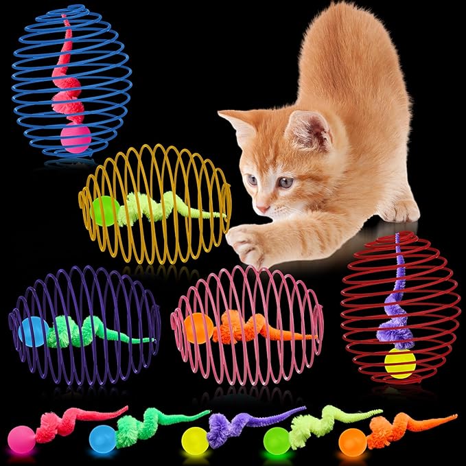 Jecery 5 Pcs Cat Spring Toys Stretchable Rolling Balls Colorful Playful Coils Interactive Action Toy Caged Rats for Kitten Pet Supplies (Caterpillar Bouncy Ball,Multicolor)