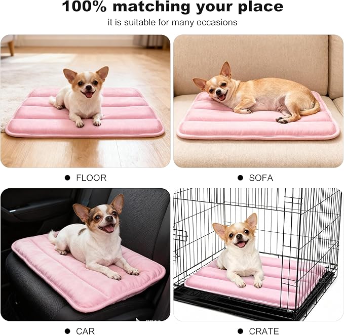 Dog Crate Pad, Ultra Soft & Anti-Slip Kennel Mat, Secure Fit for Metal Crates & Dog Cages, Washable Cozy Bed for Small Medium Large Dogs (Pink, S(23"*14"*1.5"))