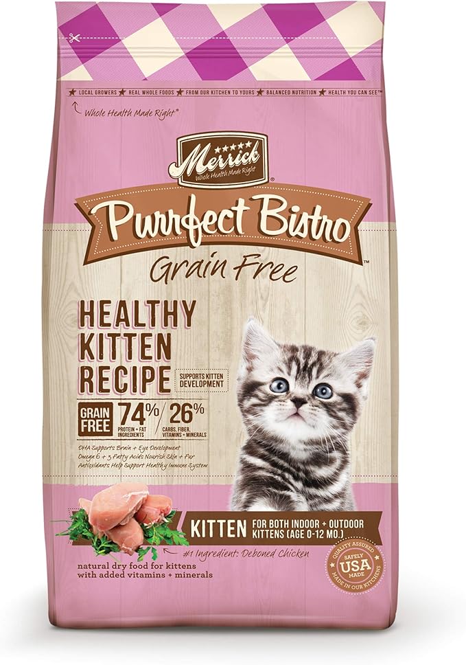 Merrick Purrfect Bistro Premium Grain Free Natural Dry Cat Food For Young Cats, Healthy Kitten Food Recipe - 4 lb. Bag