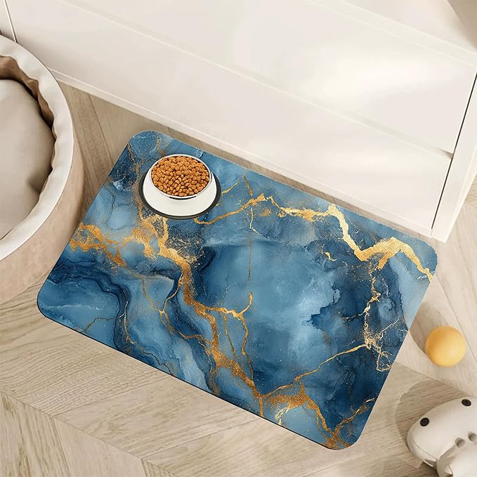 Marble Pet Feeding Mat,Blue Gold Marble Absorbent Quick-Dry Cat Dog Food and Water Bowl Mats,Non-Slip Rubber Backing Mat,Cat Dog Accessories Supplies 16"x24"
