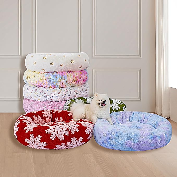 39 Inch Christmas Snowflakes Calming Dog Bed for Large Dogs, Round Anti-Anxiety Warm Bed, Soft Cozy Anti-Slip Donut Washable Pet Bed, Fits up to 100 lbs Pets