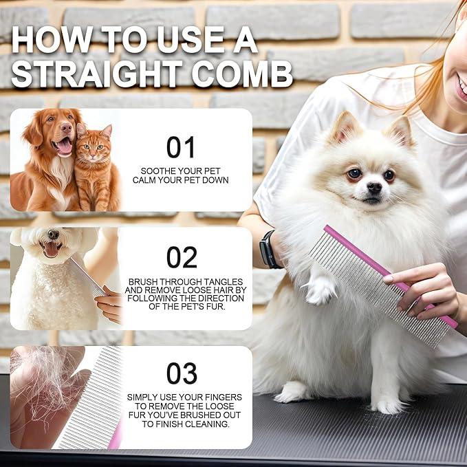 Large Purple Pet 2-in-1 Metal Comb Fine&Wide Tooth Comb Dematting Grooming Tool Pet Flea Comb for Dogs and Cats Remove Loose Hair Mats Knots Tangles Dirt Fleas