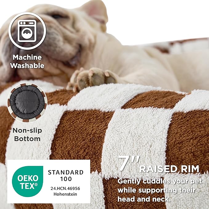 LE SURE Donut Small Dog Bed - Round Cat Beds Indoor Anti-Anxiety Calming Present for Pets, Washable Cute Modern Beds with Jacquard Shaggy Plush & Anti Slip Bottom，23 Inch, Brwon