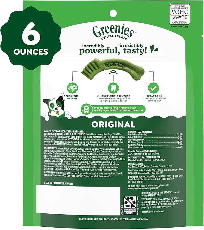 Greenies Veterinarian-Recommended Adult Natural Dental Dog Treats Regular Size, Dog Dental Chews, Original Flavor, 6 oz. Pack, 6 Count