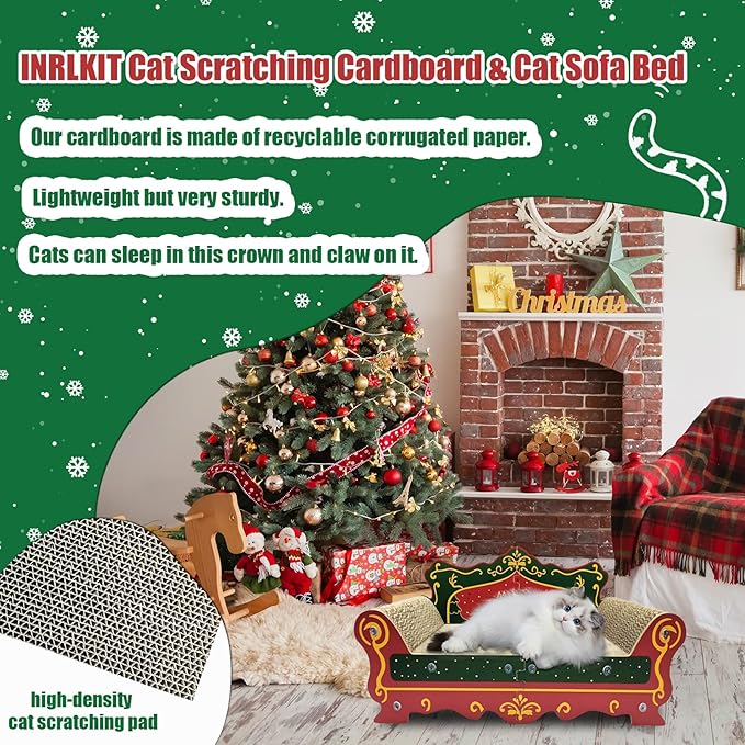 Luxury Cardboard Cat Scratcher Sofa Bed, Couch Shaped Scratching Board, Scratch Lounge with Catnip, Scratcher for Indoor Cats Large (Christmas Tree Pattern)