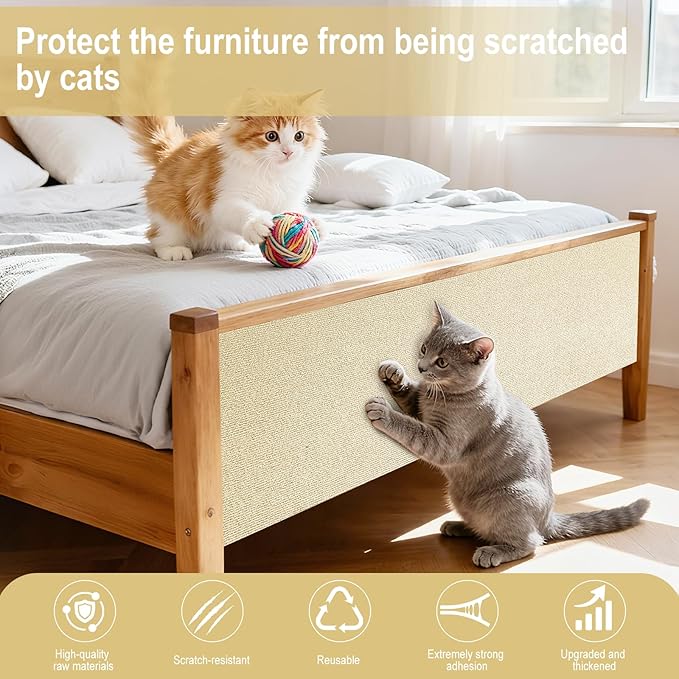 2 Pcs 39.4"X15.8" Cat Scratch Mat for Furniture and Wall Protectors, Trimmable Self-Adhesive Cat Scratch Pads, DIY Cat Scratcher for Covering Cat Tower and Couch Protector (Beige)