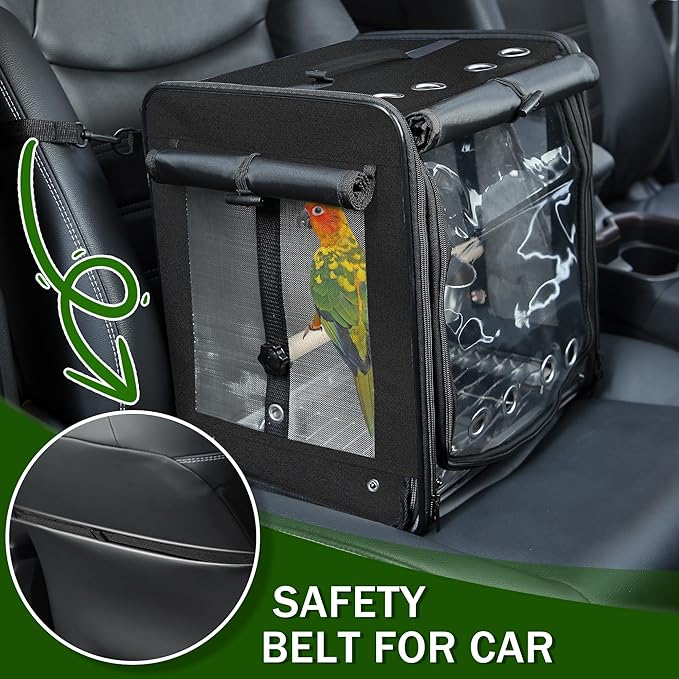 Suertree Bird Carrier with Seat Belt for Car Travel, Bird Backpack Carrier with Indestructible Stainless Steel Mesh, Large Bird Carrier Travel Cage, Black