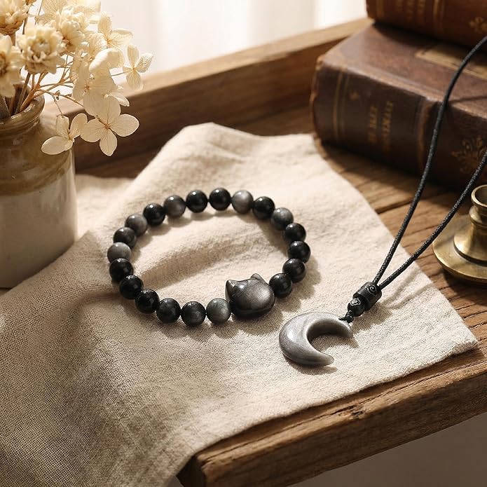 Black Obsidian Cat Bracelet and Moon Pendant Necklace Jewelry Set-Cat Lover Gifts,Wealth Attraction,Good Luck,Bead Bracelet,Mindfulness,Beaded Bracelets, Obsidian Pendant Necklace-Cute Gifts for Women