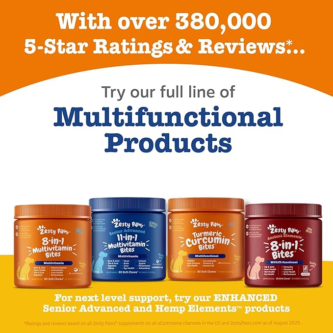 Zesty Paws Senior Dog Multivitamin Treats - Glucosamine for Dogs + Digestive Enzymes & Probiotics - Grain Free Dog Vitamins and Supplements for Skin & Coat + Immune Health Chicken - Advanced - 60ct
