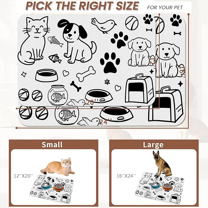Cute Cat Bird Paw Print Dog Cat Food Mat,Absorbent Pet Feeding Mat with Rubber Backing,Non-Slip Water Bowl Placemat,Indoor Pet Accessories Supplies 12"x20"