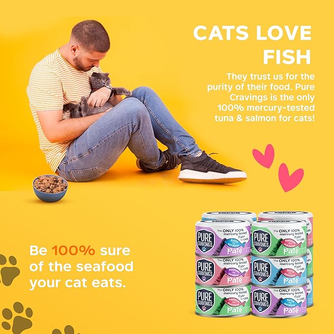 Pure Cravings Pate, Canned Wet Cat Food, 100% Mercury-Tested, Moist Can Fish, Grain-Free Protein, Non-GMO, Variety Pack of 12-3X Tuna/Salmon, 3X Tuna/Pumpkin, 3X Tuna/Sardine, 3X Salmon/Sardine