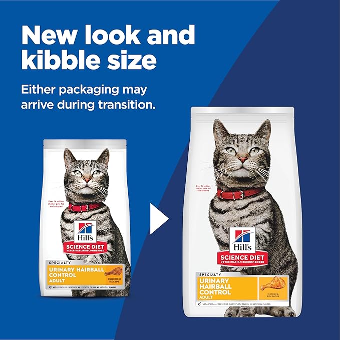 Hill's Science Diet Urinary Hairball Control, Adult 1-6, Urinary Track Health & Hairball Control Support, Dry Cat Food, Chicken Recipe, 7 lb Bag