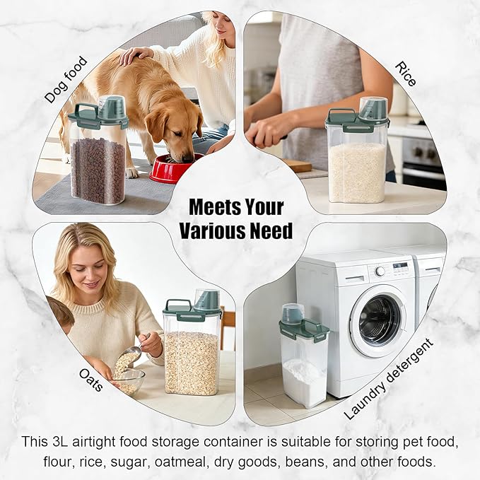 3-5Lbs/3Qt Dog Cat Food Storage Container With Foldable Bowl. Plastic Pet Food Dispenser for Small Animal Kibble/Pet Food/Bird Seed/Oatmeal/Rice/Flour/Brown Sugart/Cereals (Dark Green)