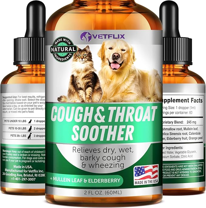Cough Relief for Dogs & Cats - Made in USA - Kennel Cough & Asthma Relief - Mullein Leaf & Elderberry Blend - Dry, Wet & Barky Cough Relief - All Breeds & Sizes - 2 Fl Oz