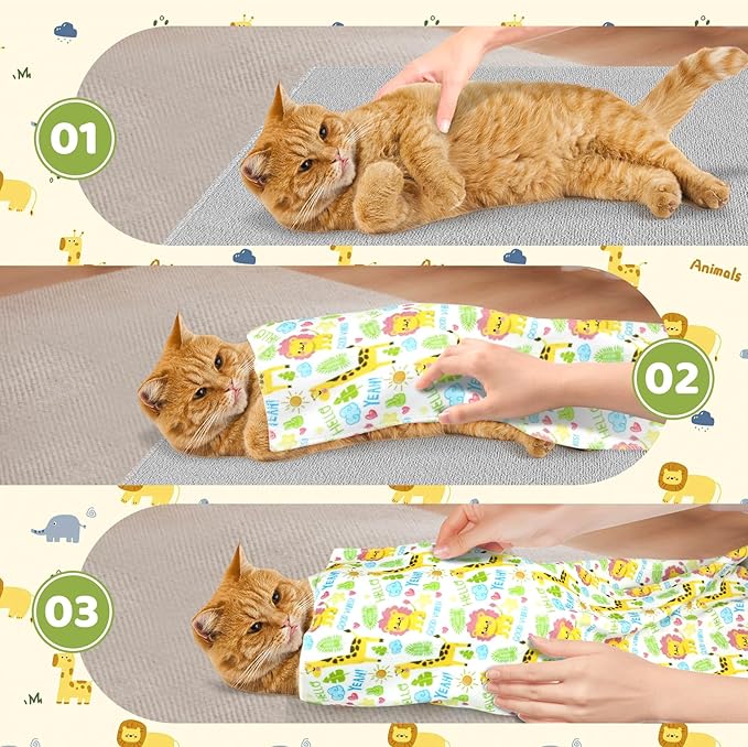 27.6" Cat Grooming Wrap for Cutting Nails, Lion Pattern Self-Adherent Fabric Wrap for Cats, Anti-Scratch Anti-Escape Multifunctional Cat Swaddle Tool for Teeth Brushing, Ear Cleaning